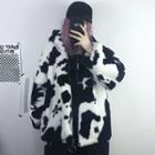 Cow Print Hooded Zip Jacket Milky White - One Size