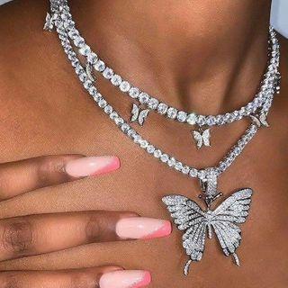 Rhinestone Butterfly Pendant Layered Choker