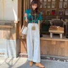 Set: Short-sleeve Lettering Printed T-shirt + High-waist Plain Wide-leg Pants