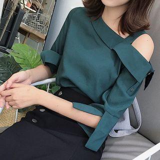 Set : One-shoulder Elbow-sleeve Top + Mermaid Mini Skirt