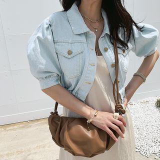 Puff-sleeve Crop Denim Jacket Light Blue - One Size
