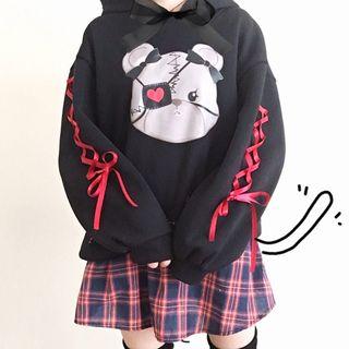 Cartoon Print Hoodie / Check A-line Skirt / Set: Cartoon Print Hoodie + Check A-line Skirt