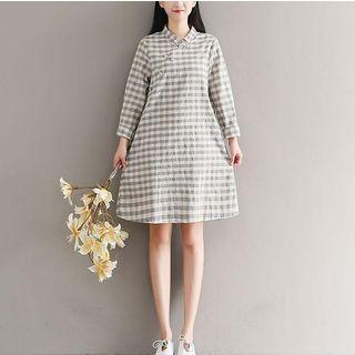 Plaid Long-sleeve Mandarin Collar Dress