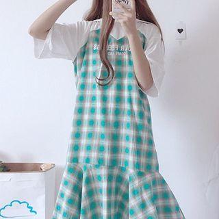 Plaid Panel Elbow Sleeve Hoodie Dress