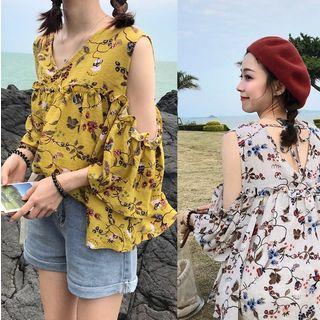 Floral Print V-neck Cutout Shoulder Elbow-sleeve Top