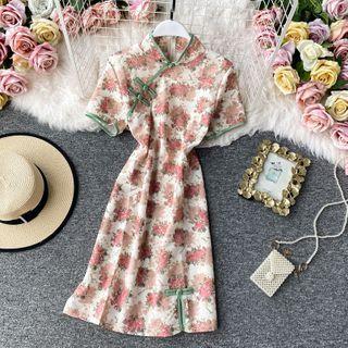Frog-button Short-sleeve Floral Print Qipao
