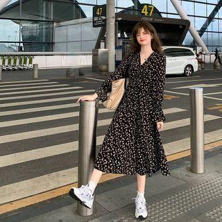 Flower Print Drawstring Long-sleeve Midi A-line Dress