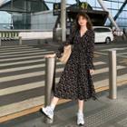 Flower Print Drawstring Long-sleeve Midi A-line Dress