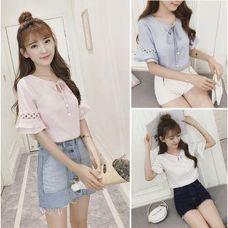 Bow Accent Faux Pearl Elbow Sleeve Top