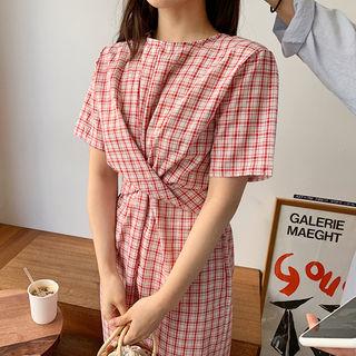 Knotted Plaid Linen Blend Dress