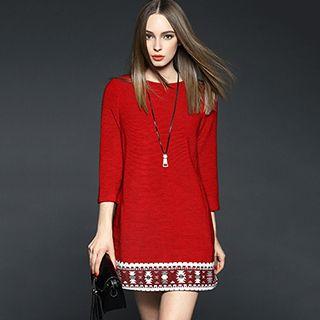 3/4-sleeve Printed Wool Blend Dress
