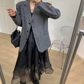 Plaid Blazer / Panel Mesh Midi Dress