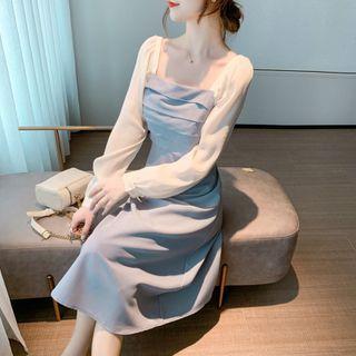 Long-sleeve Square-neck Two-tone Midi A-line Dress