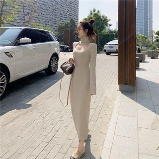 Cut-out Long-sleeve Midi Knit Sheath Dress