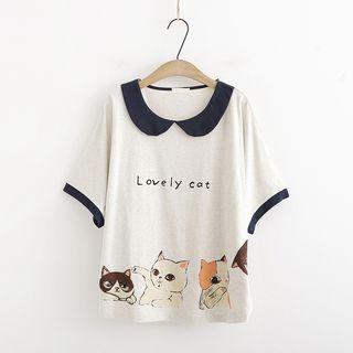 Collared Cat Print Elbow-sleeve T-shirt