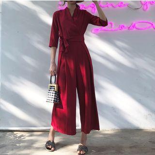 Elbow-sleeve Crop Wide Leg Jumpsuit