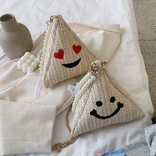 Faux Pearl Smiley Face Print Woven Crossbody Bag