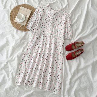 Short-sleeve Floral Print Mock-neck A-line Dress