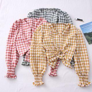 Checker Ribbon-hem V-neck Crop Top In 5 Colors