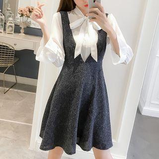 Set: Bell Sleeve Lace-up Top + V-neck Pinafore A-line Dress