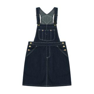 Contrast Stitching Denim Jumper Dress Dark Blue - One Size