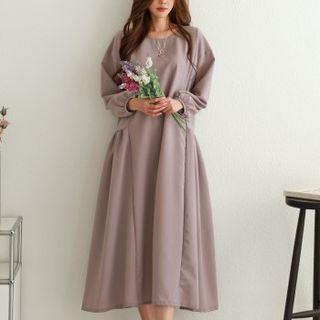Balloon-sleeve Shirred-side Long Dress