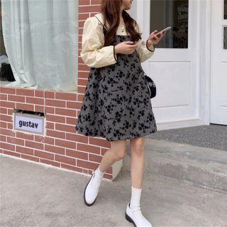Strappy Flower Print Mini Dress / Doll Collar Long Sleeve Blouse