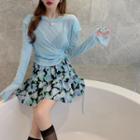 Round-neck Long Sleeve See-through Top / High Waist Frill Mini Skirt