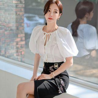 Set: Puff-sleeve Lace-up Blouse + Mini Pencil Skirt