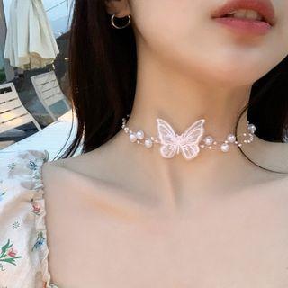 Butterfly Faux Pearl Layered Choker