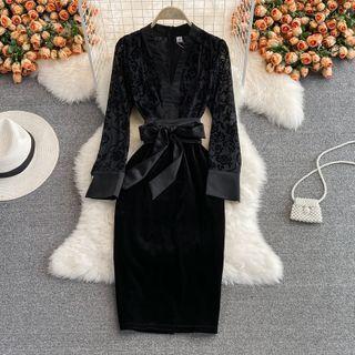 V-neck Lace Panel Sheath Dress With Sash