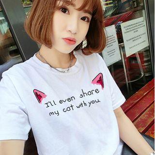 Short Sleeve Cat Accent Printed T-shirt