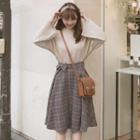 Set: Long-sleeve Knit Top + Plaid Midi A-line Skirt