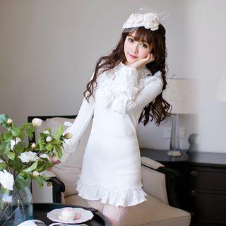 Mock-neck Lace Panel Long-sleeve Knit Dress