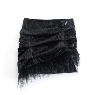 Fluffy Drawstring Sequin Mini Pencil Skirt