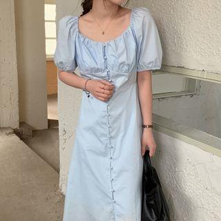 Puff-sleeve Scoop-neck Midi Sheath Dress