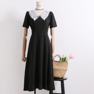 Lace-collar A-line Midi Dress