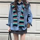 Striped Shawl / Long-sleeve Denim Shirt / Check Mini Skirt