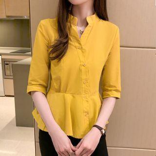 Elbow-sleeve Buttoned Frill Trim Blouse