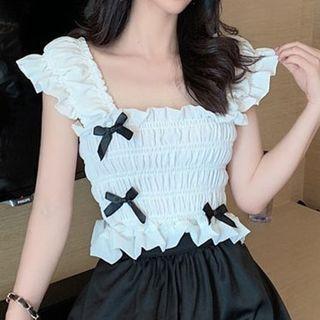 Sleeveless Ruffle Trim Bow Crop Top