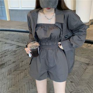 Long-sleeve Plain Blouse / Ruched Tube Top / Shorts
