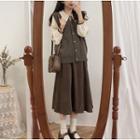 Contrast Trim Corduroy Blouse / A-line Skirt / Buttoned Vest