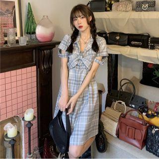 Short-sleeve Plaid Mini A-line Dress Dress - Gray - One Size