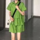Short-sleeve Layered Lapel Dress Avocado Green - One Size