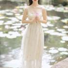 Strappy Embroidered Midi A-line Dress / Light Jacket / Set