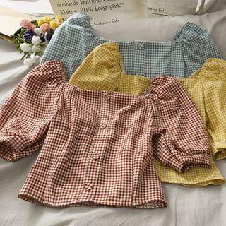 Gingham Wide-neck Crop Top