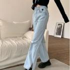 Heart Embroidered Pinstriped Wide-leg Jeans