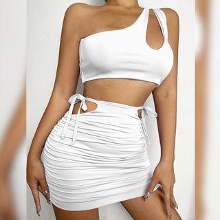 Set Of 2: One-shoulder Crop Top + Drawstring Skirt