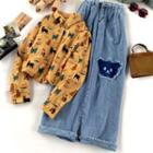 Cat Print Shirt / Cartoon Embroidered Wide Leg Jeans