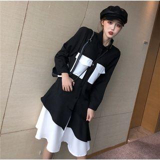 Long-sleeve Pocketed Shirt Dress Black - One Size